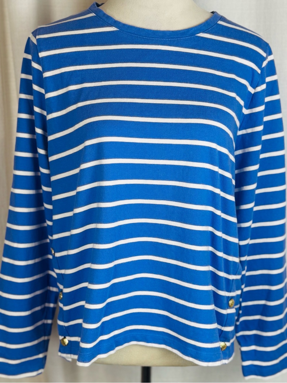 J.Crew Women XL Blue White Striped Sailor Boatneck Long Sleeve Top Gold Buttons